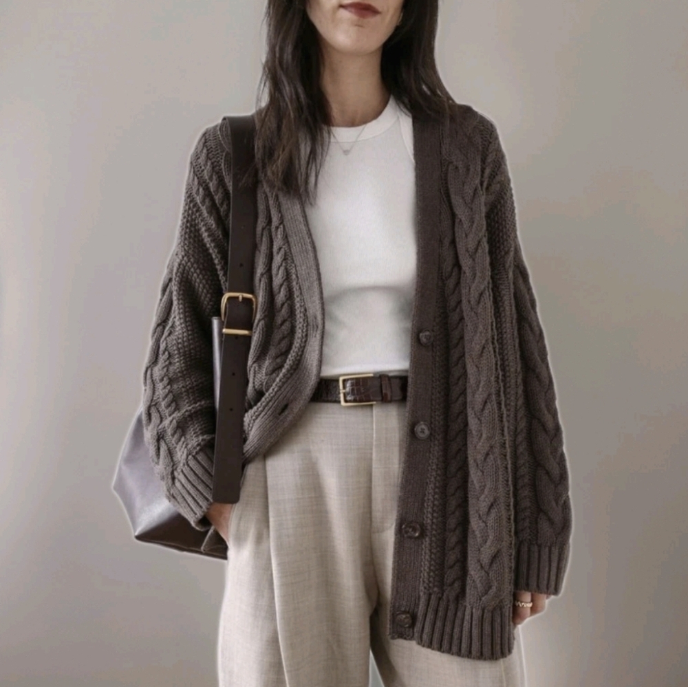 Quince 100% Organic Cotton Oversized Cable Knit Cardigan Heather Brown Sz XL